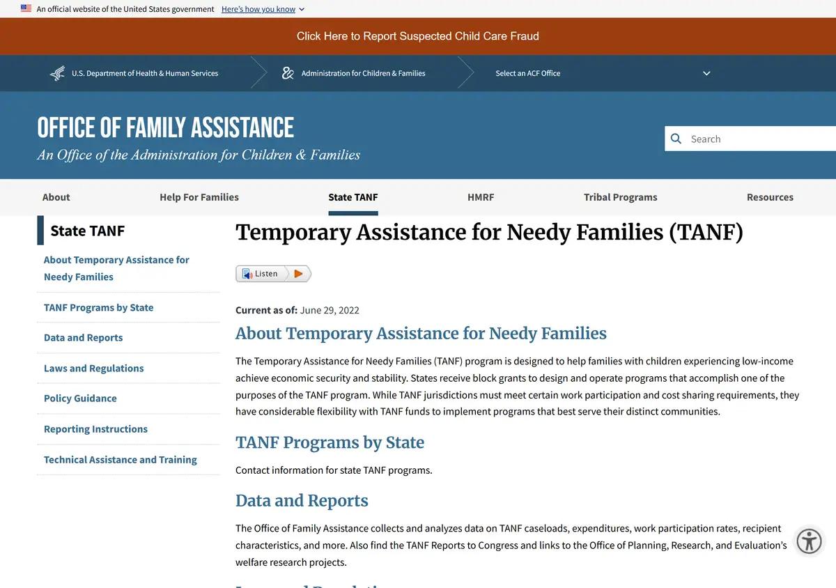 The federal TANF program page.