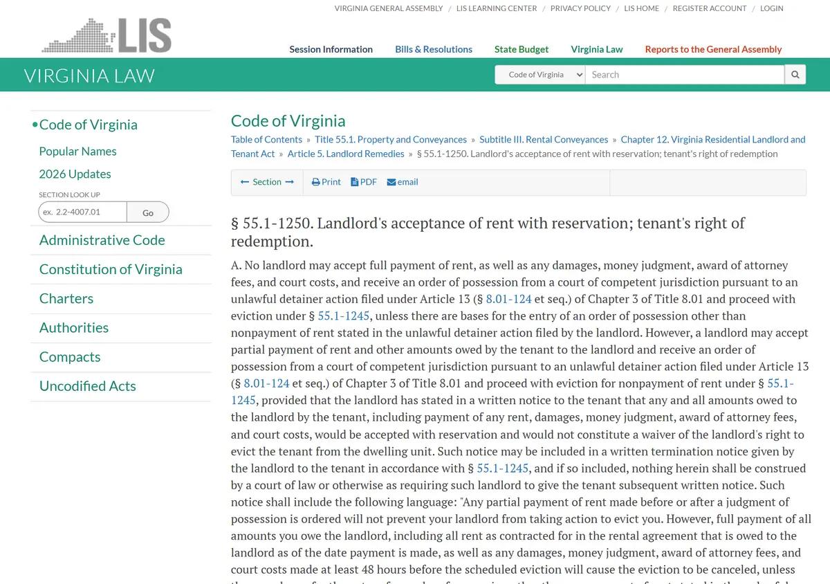 Virginia Code 55.1-1250, the right of redemption statute.