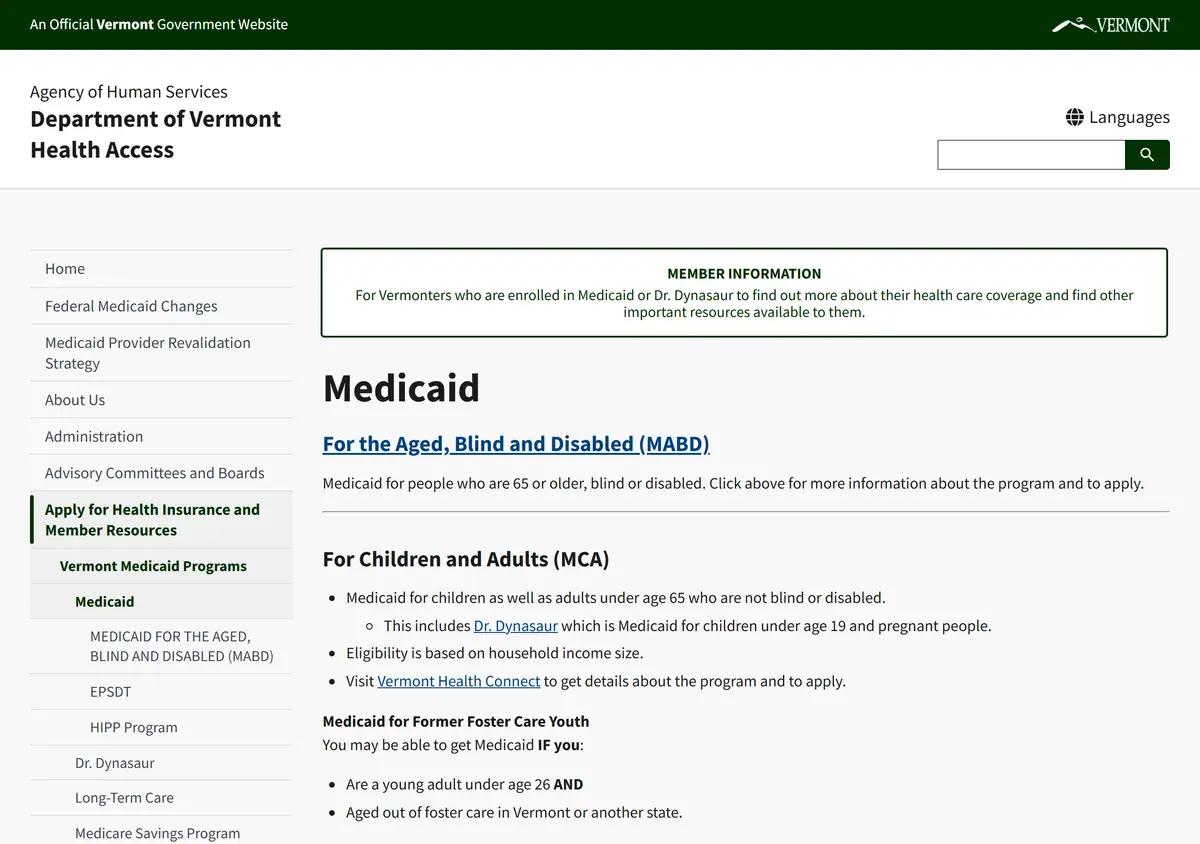 The Vermont Department of Vermont Health Access Medicaid member page.