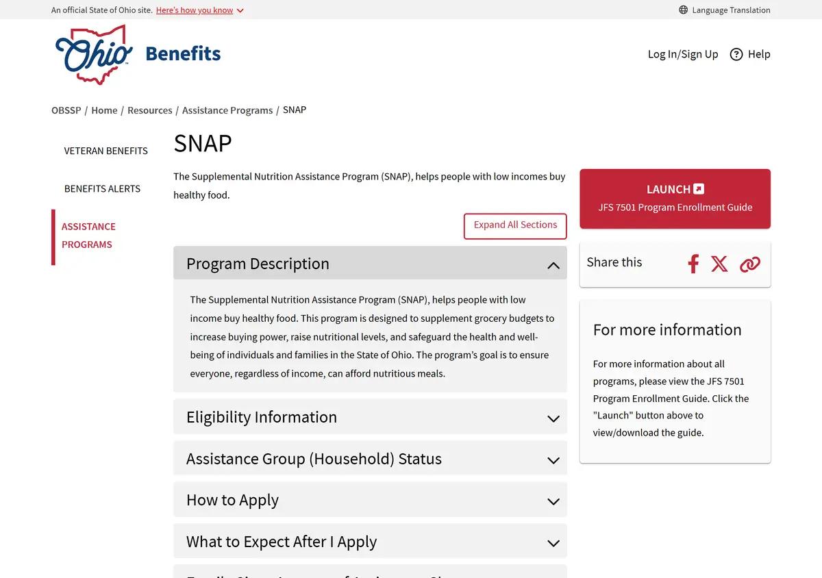 The Ohio Benefits SNAP program information page.