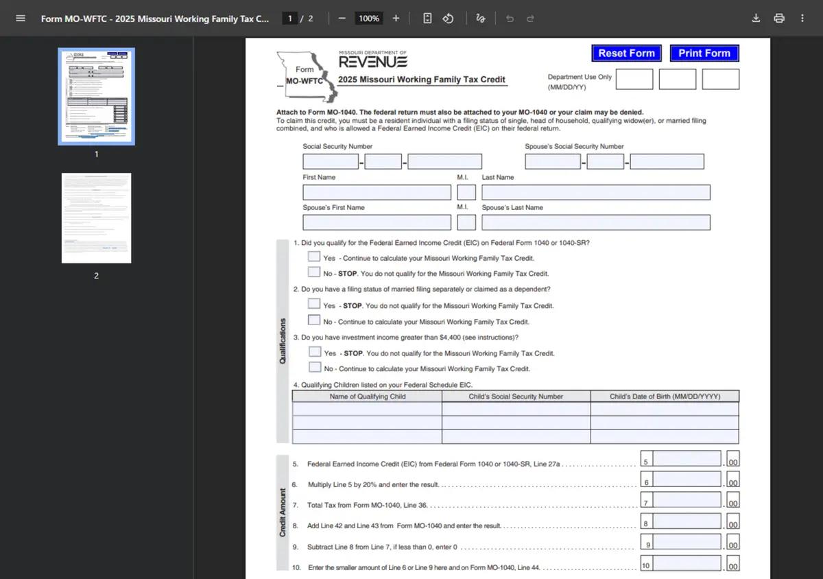 The Missouri MO-WFTC tax credit form.