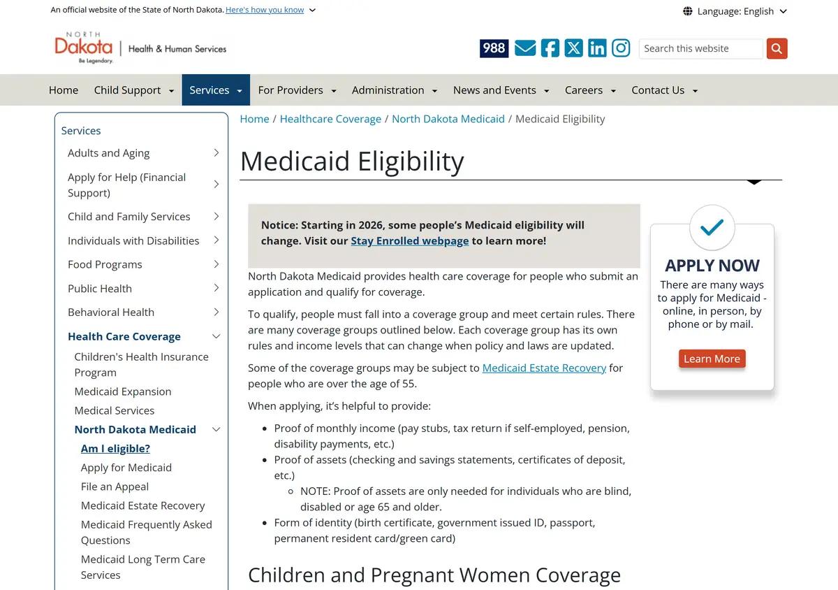 The North Dakota Medicaid eligibility page.