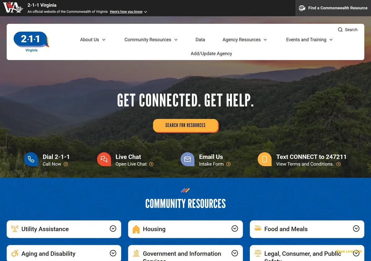 The 211 Virginia homepage with phone, text, and chat options.