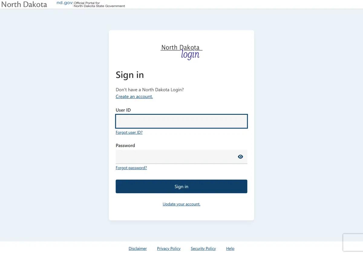 The North Dakota Self Service Portal sign-in.