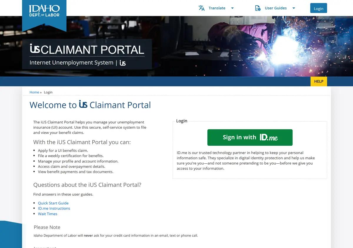 The Idaho Department of Labor Claimant Portal login page.