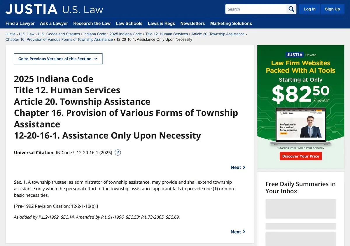 Indiana Code Article 12-20 on township assistance.