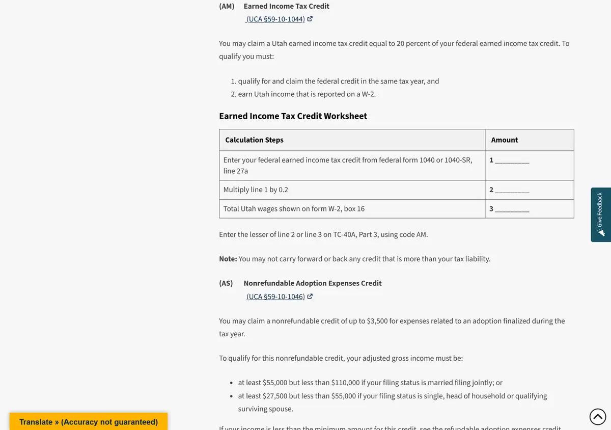 The Utah Earned Income Tax Credit page.