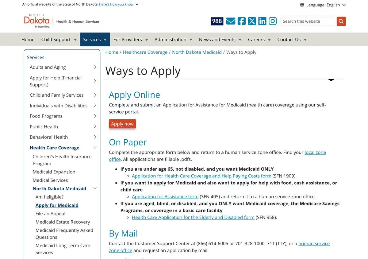 The North Dakota Medicaid how-to-apply page.