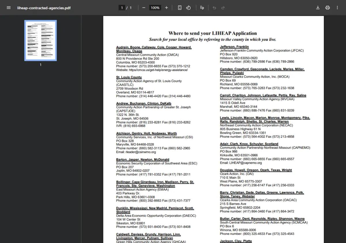 The Missouri LIHEAP contracted agencies list.