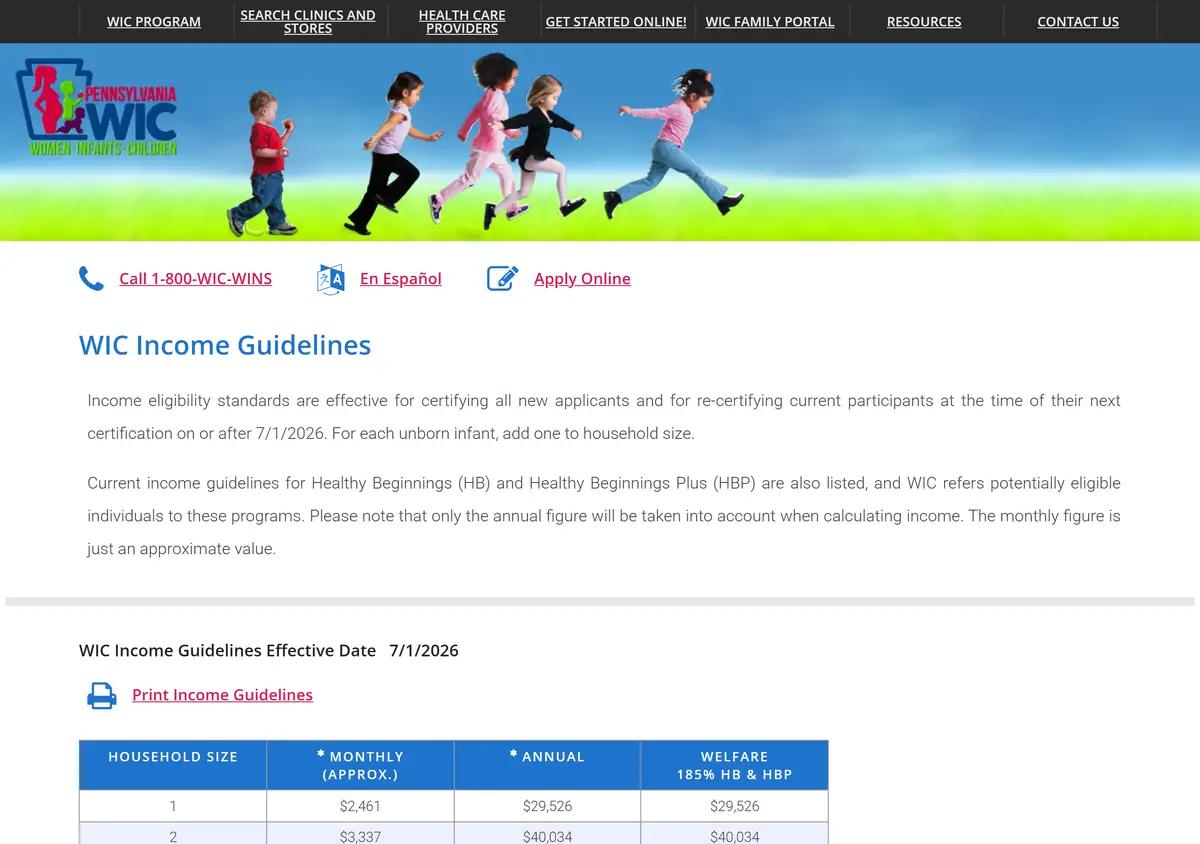 The PA WIC income guidelines page effective July 2026.