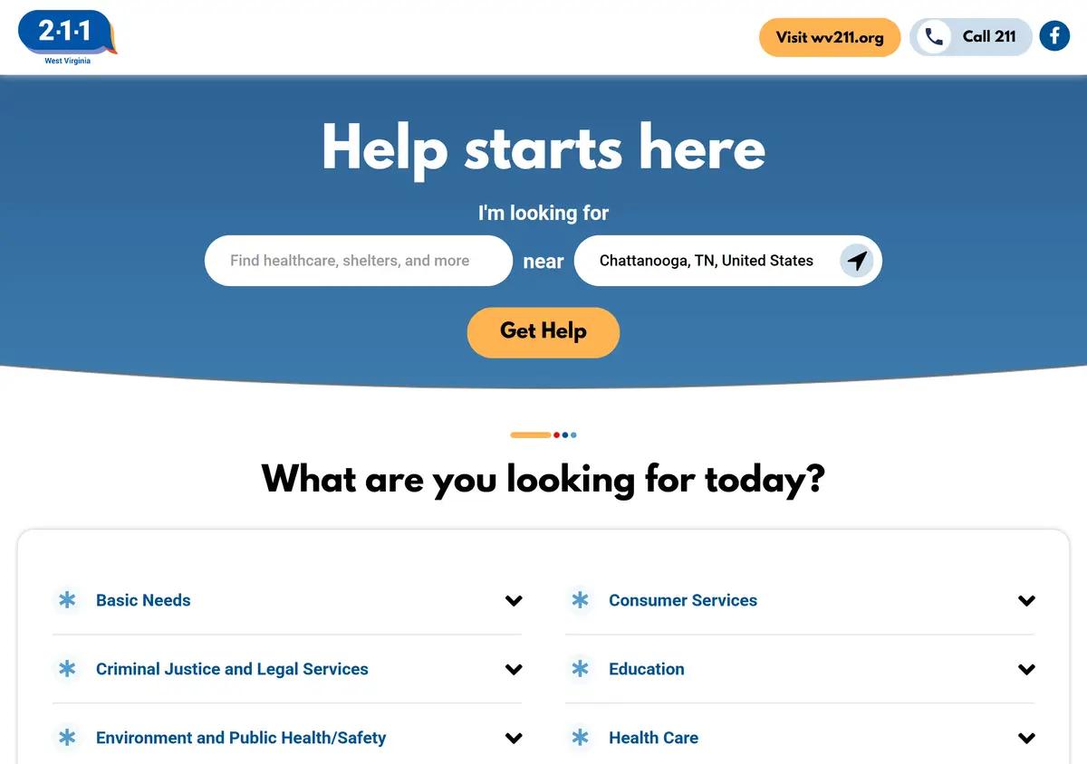 The West Virginia 211 online resource search.
