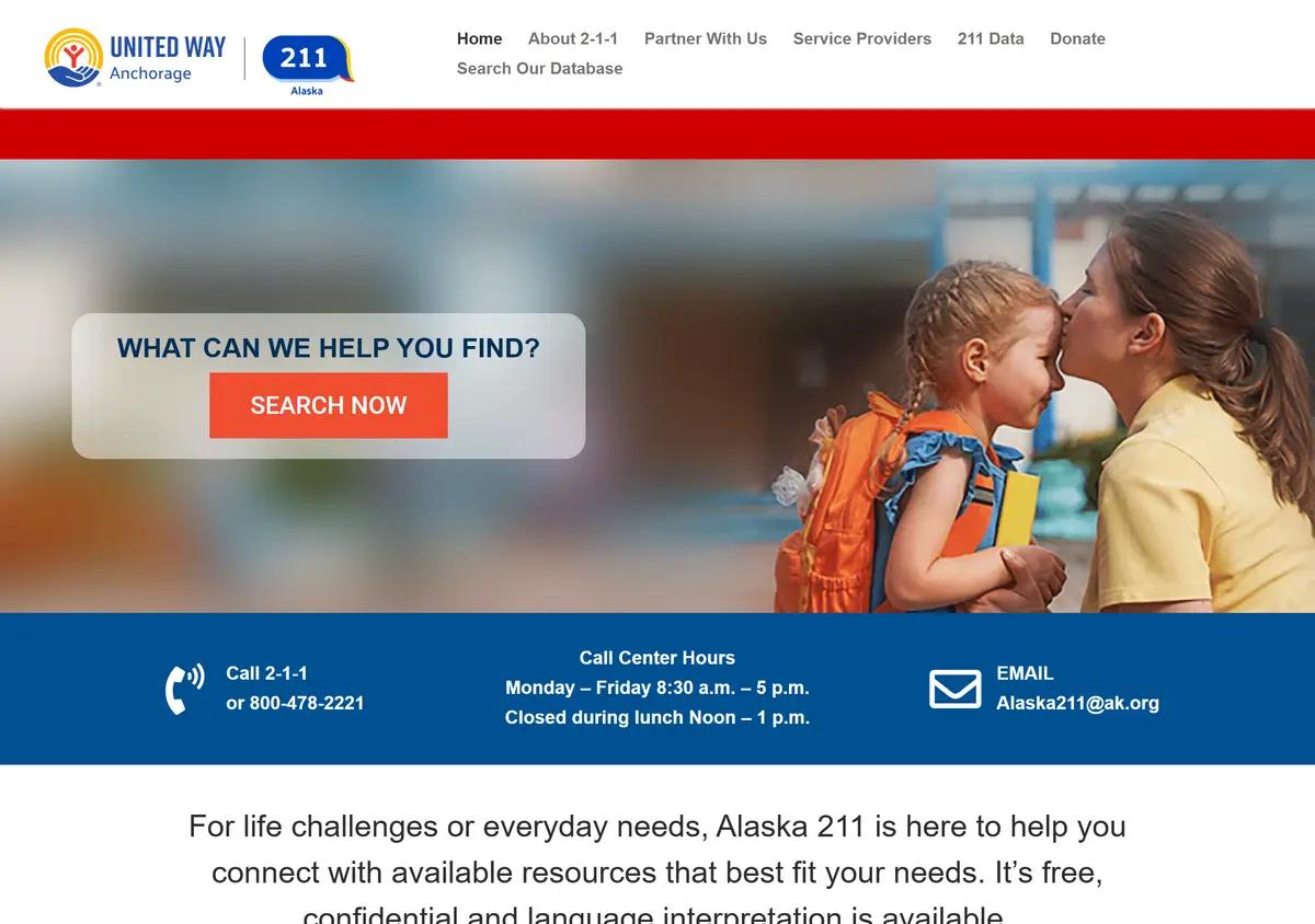 The Alaska 2-1-1 homepage.