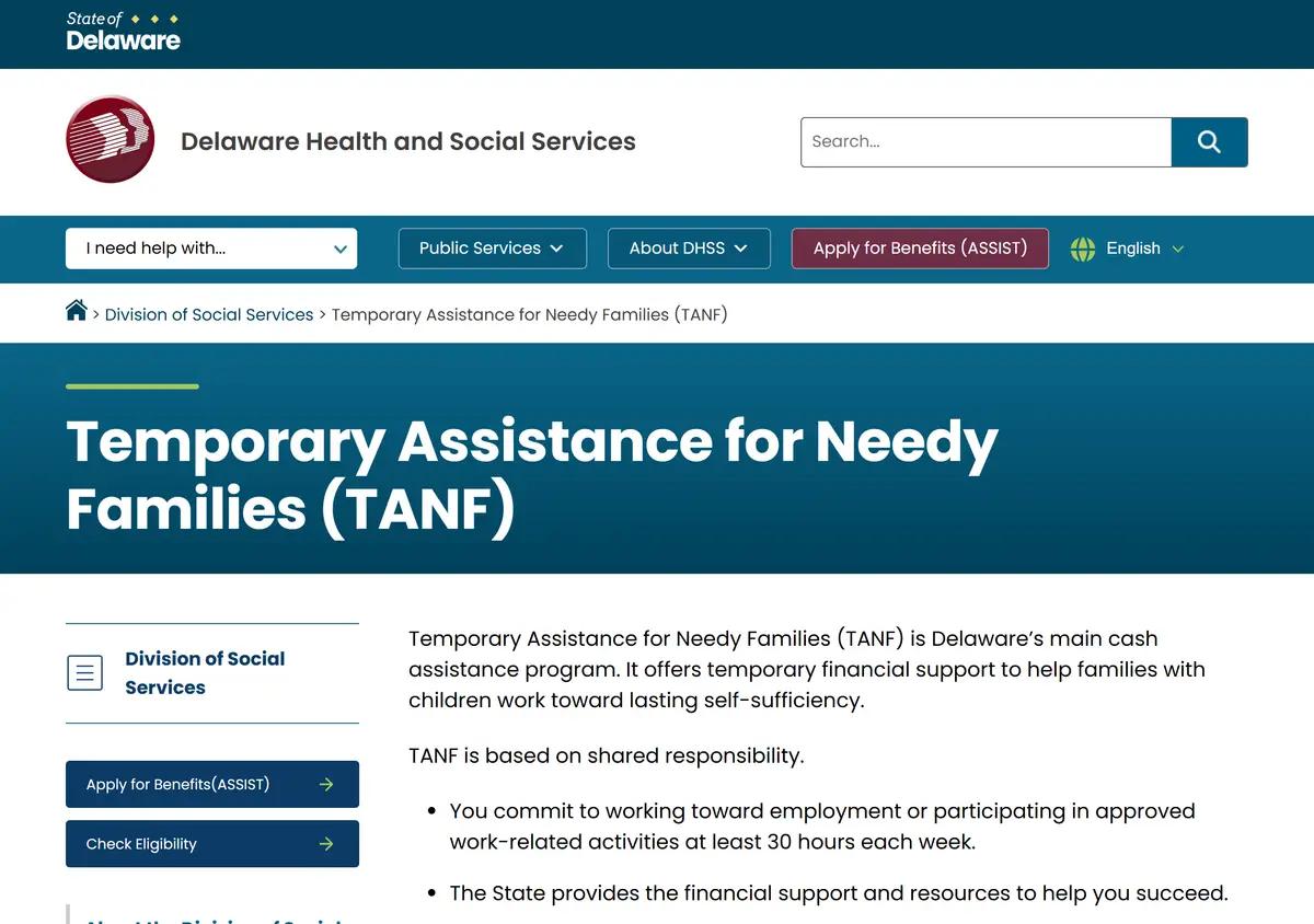 The Delaware TANF cash assistance page.