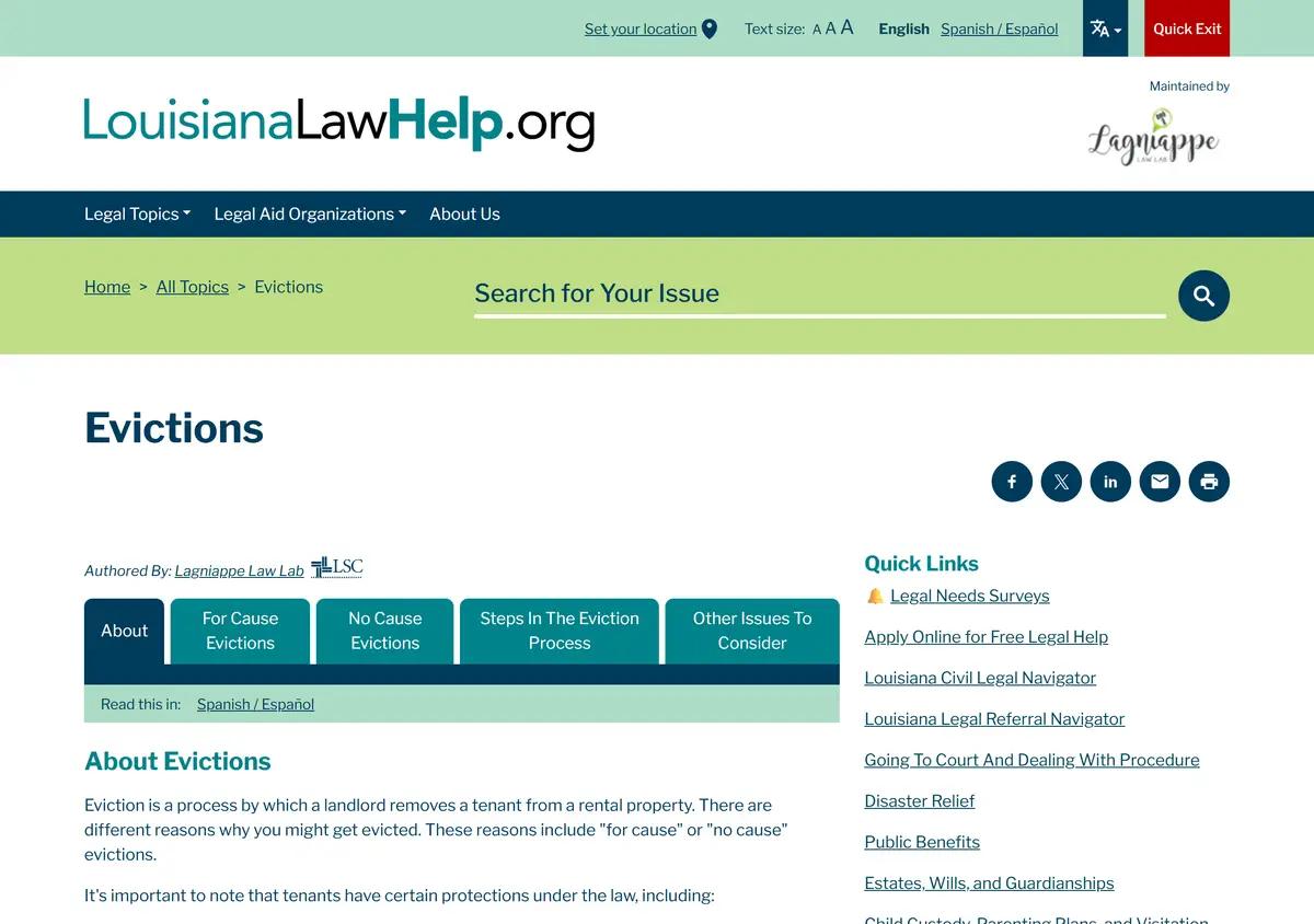 The Louisiana Law Help evictions resource page.