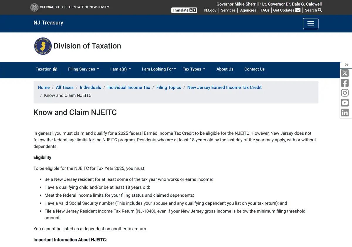 The NJEITC eligibility page for tax year 2025.