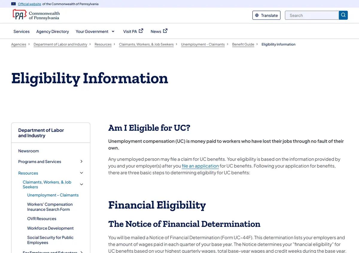 The Pennsylvania L&I benefits information page with the weekly rate details.