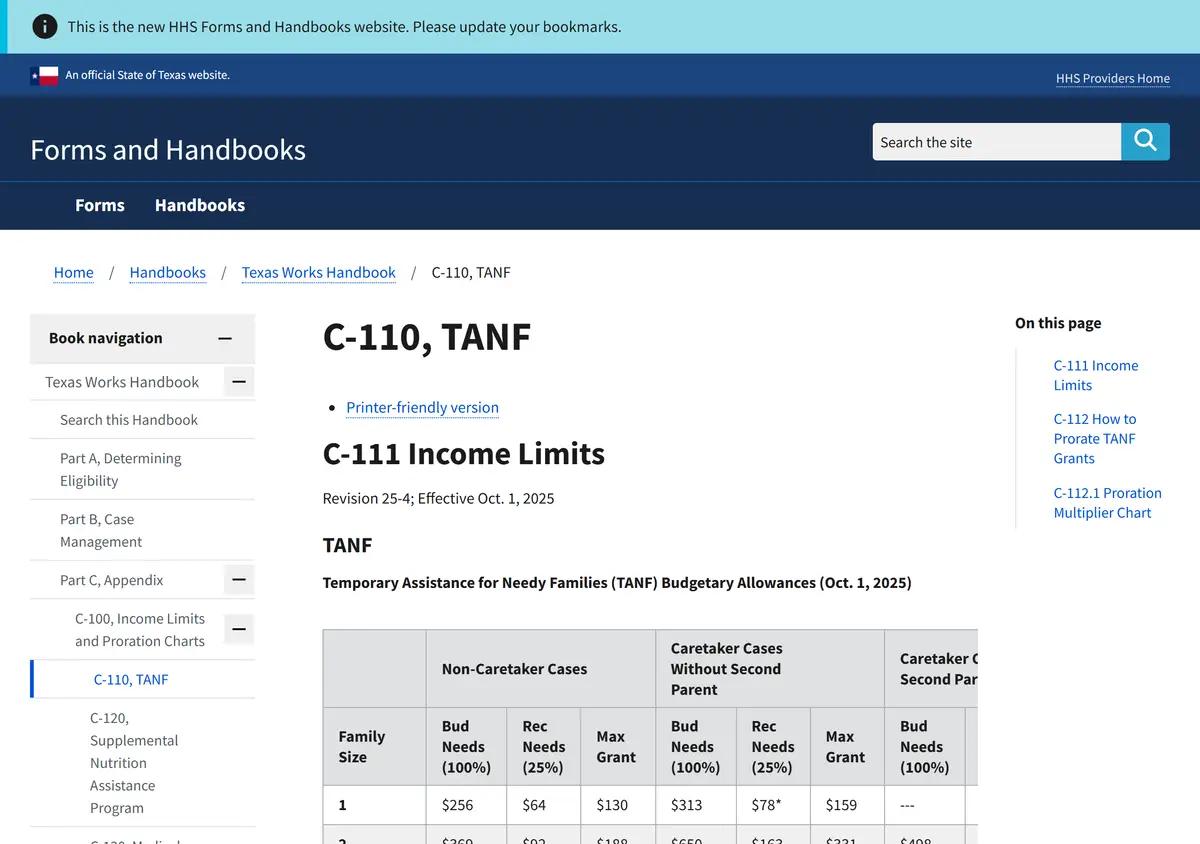 The Texas Works Handbook TANF eligibility section.