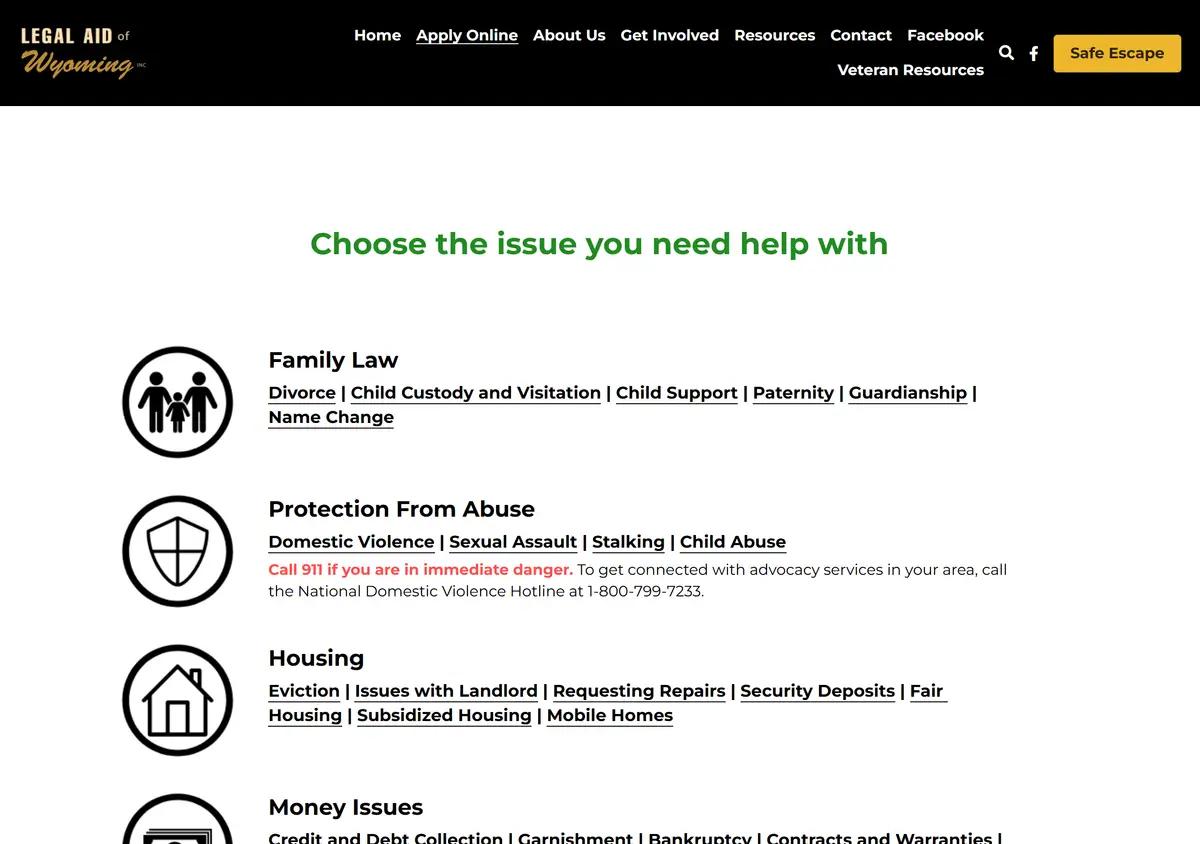 The Legal Aid of Wyoming online application page.
