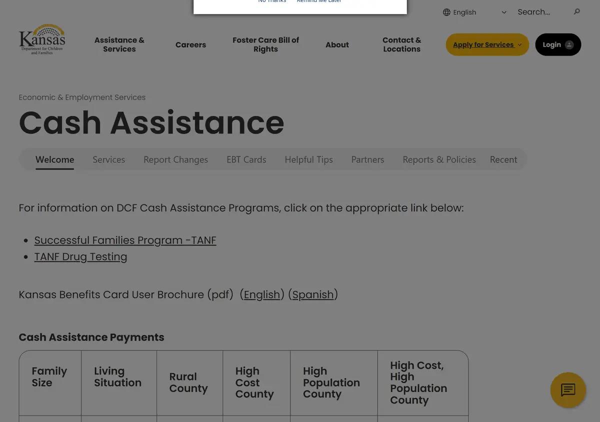 The Kansas DCF Cash Assistance page.