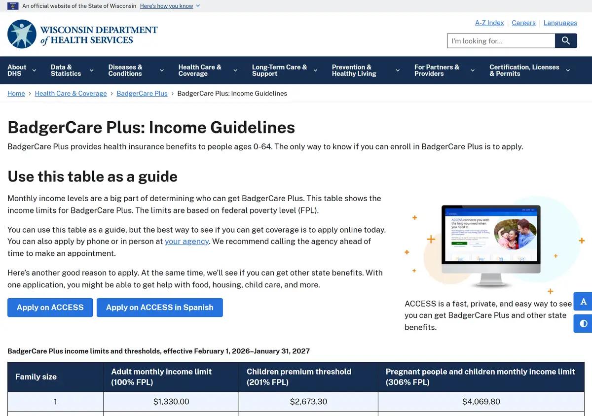 The Wisconsin DHS BadgerCare Plus income limits page.