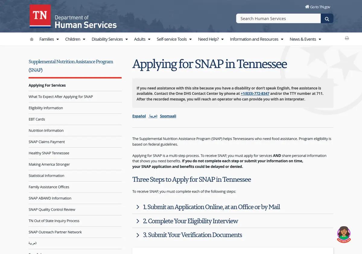 The Tennessee SNAP applying-for-services page.