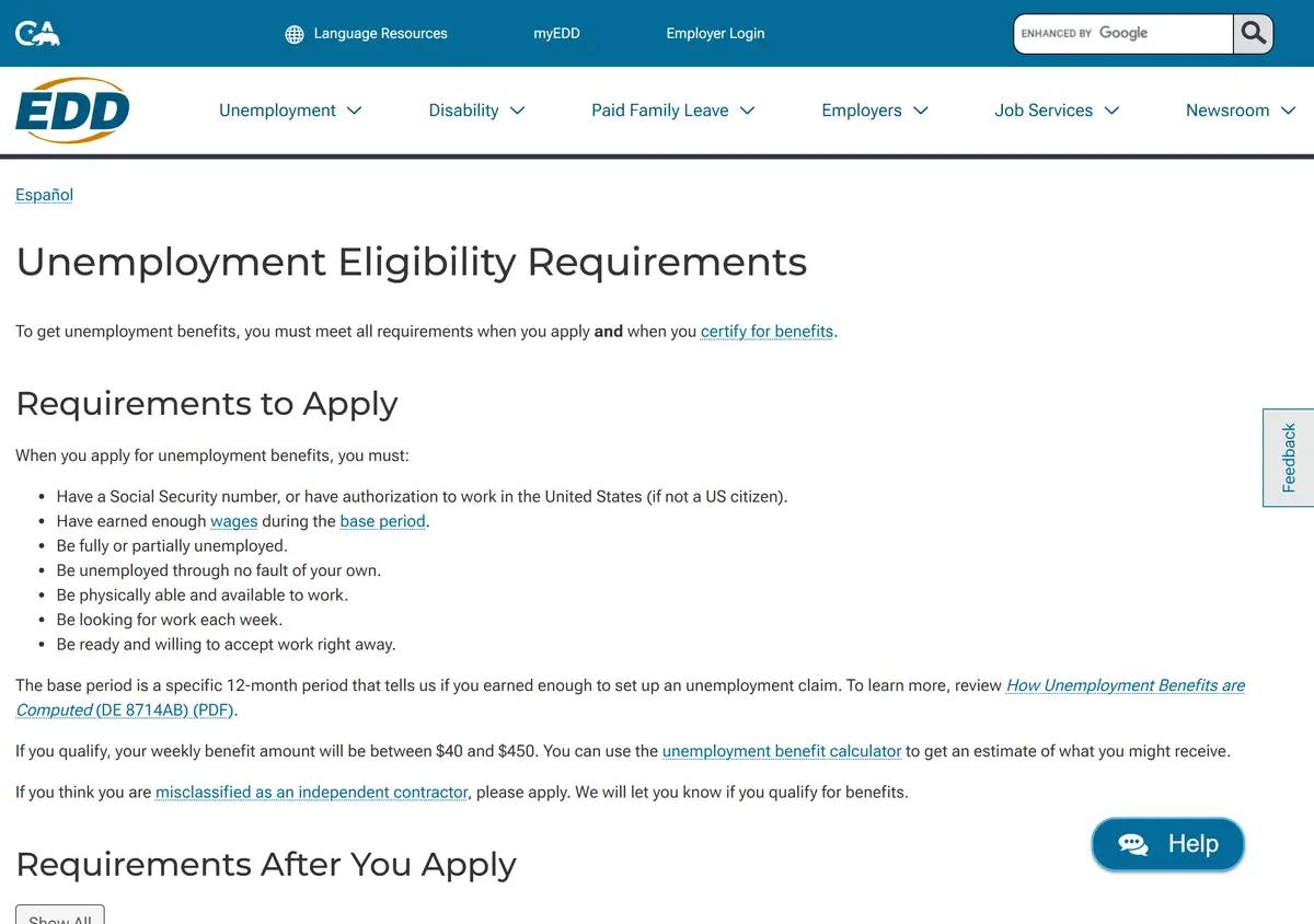 The EDD unemployment eligibility page.