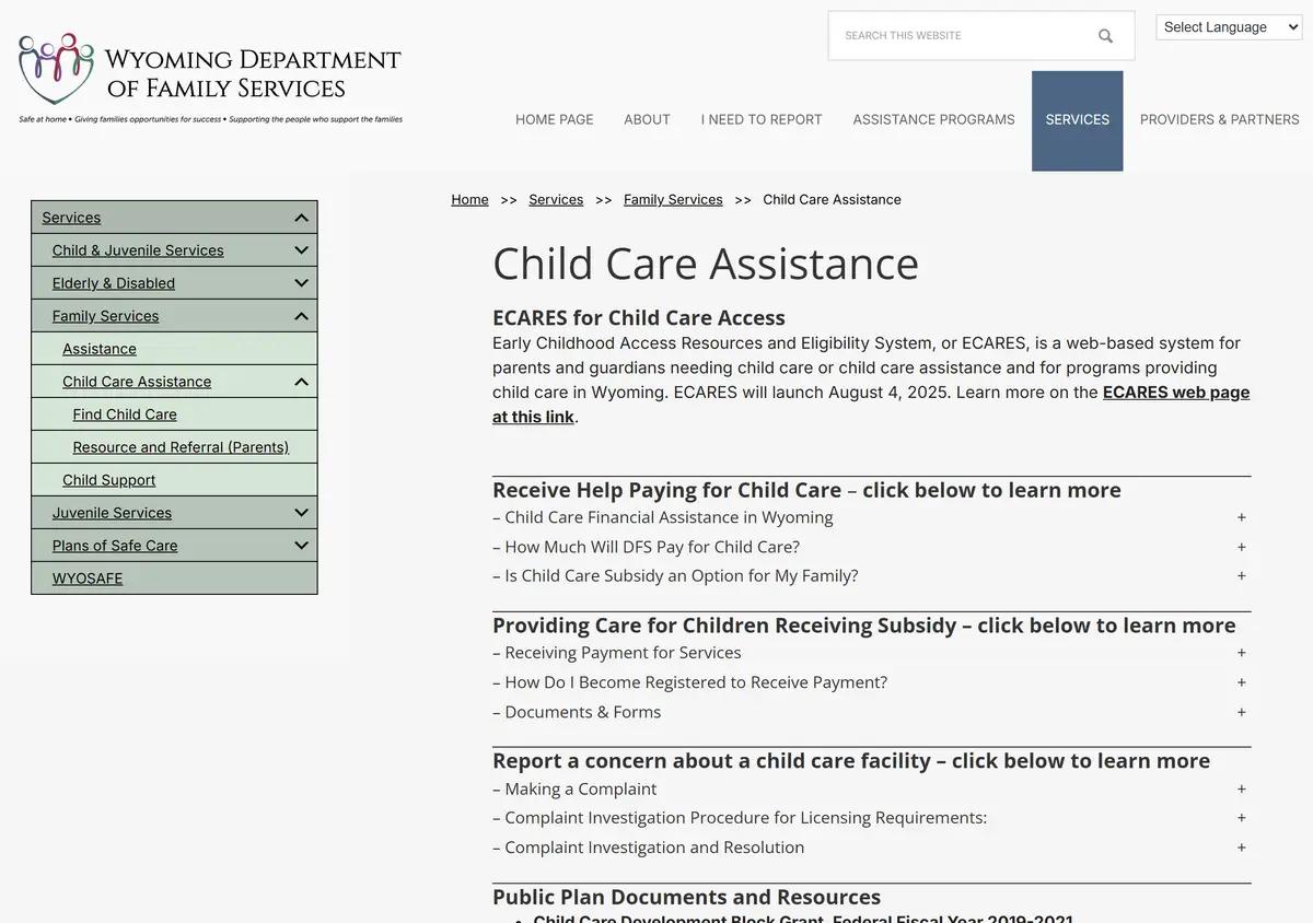 The Wyoming child care assistance page.