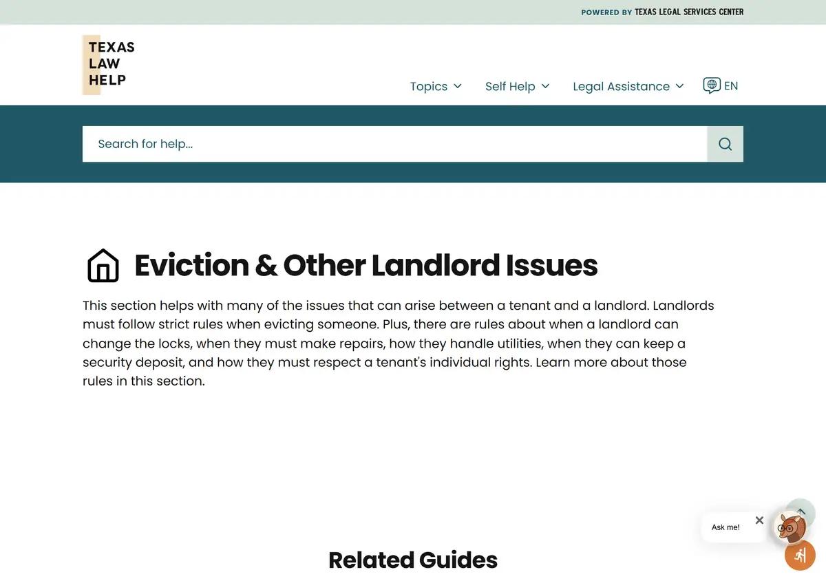 The TexasLawHelp eviction and landlord issues section.