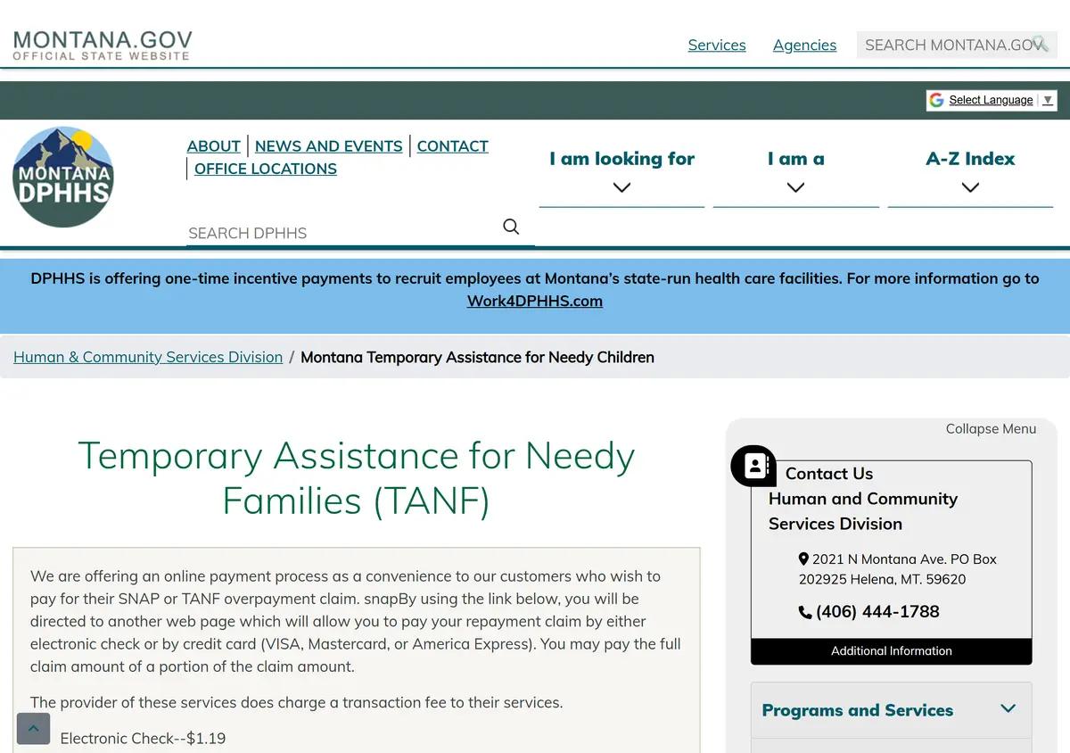 The Montana DPHHS TANF program page.