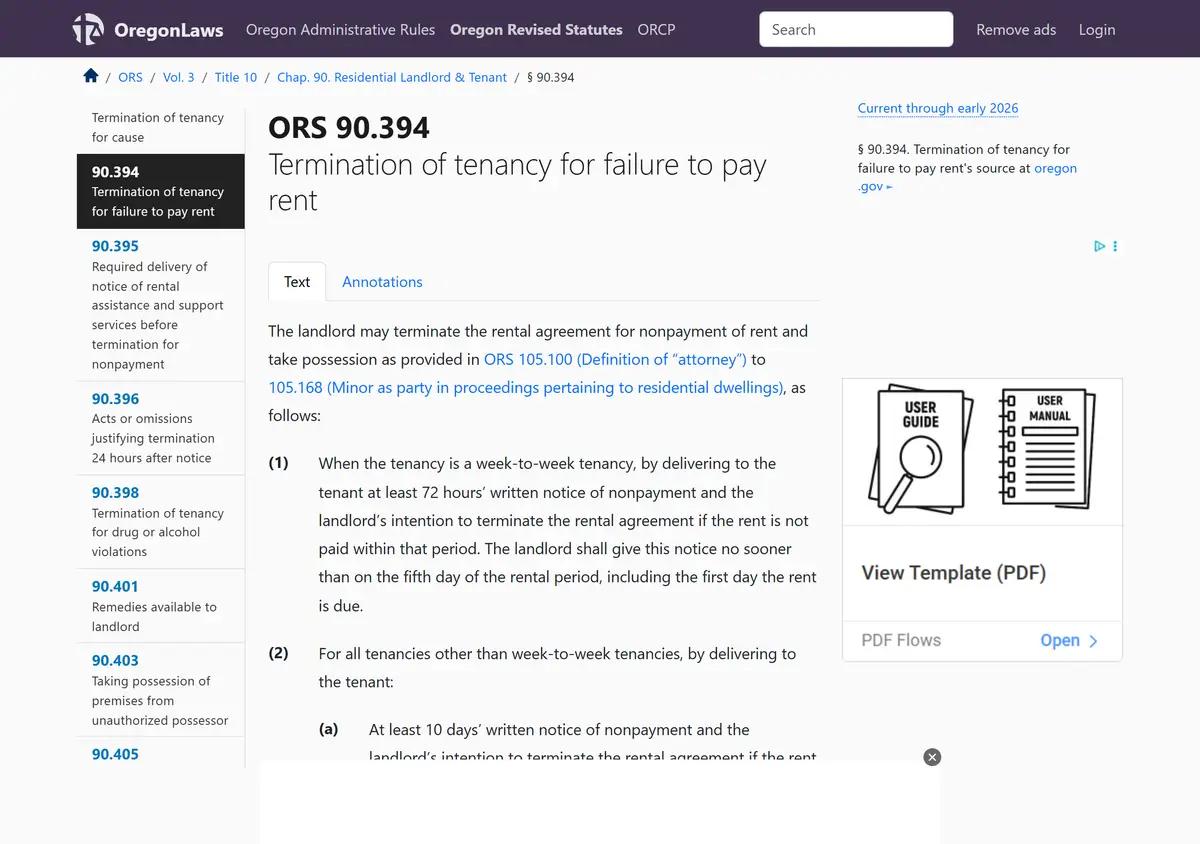 Oregon Revised Statutes 90.394 on nonpayment eviction notices.
