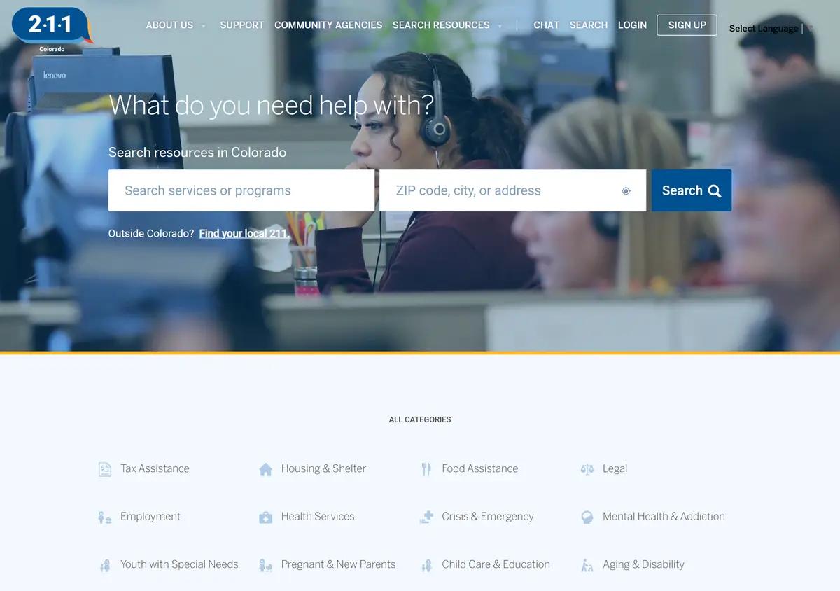 The 211 Colorado online resource search.