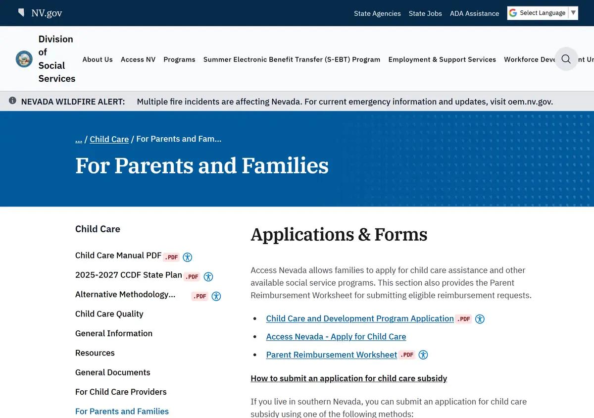 The Nevada child care subsidy page for parents.