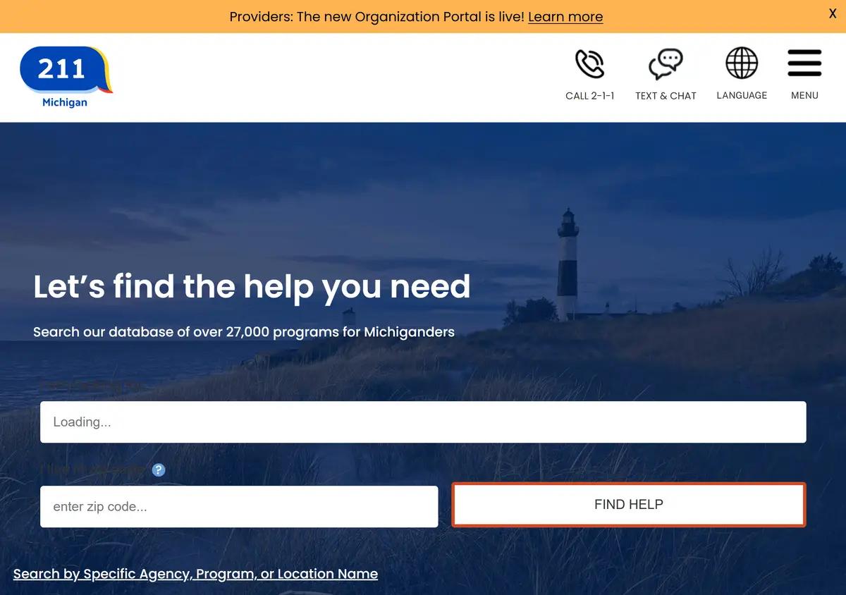 The Michigan 211 homepage with call and text options.