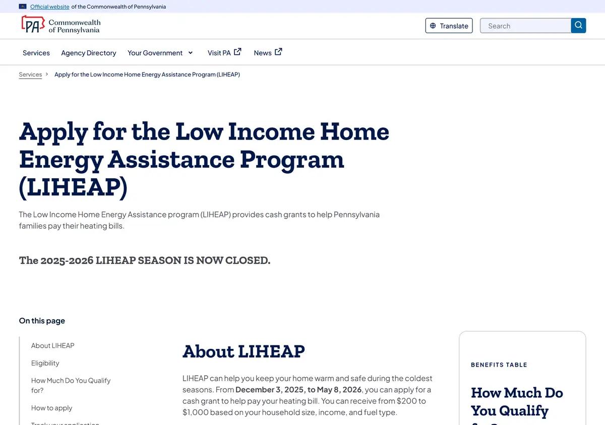 The pa.gov LIHEAP application service page.