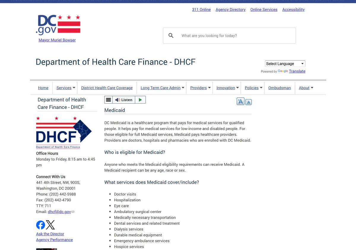The DC Department of Health Care Finance Medicaid page.