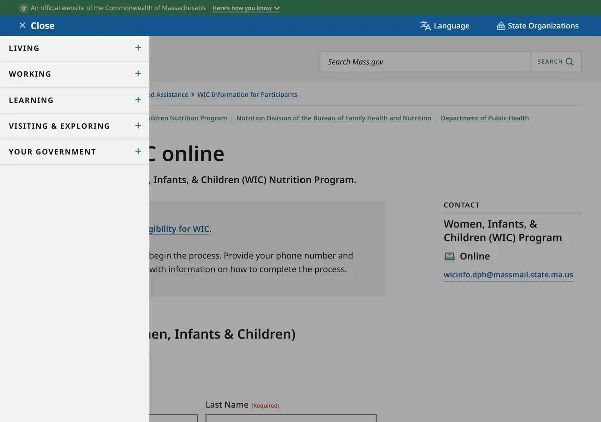 The Massachusetts apply-for-WIC-online page.