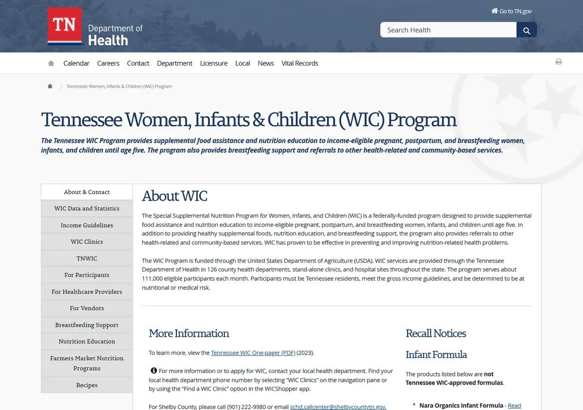 The Tennessee Department of Health WIC page.