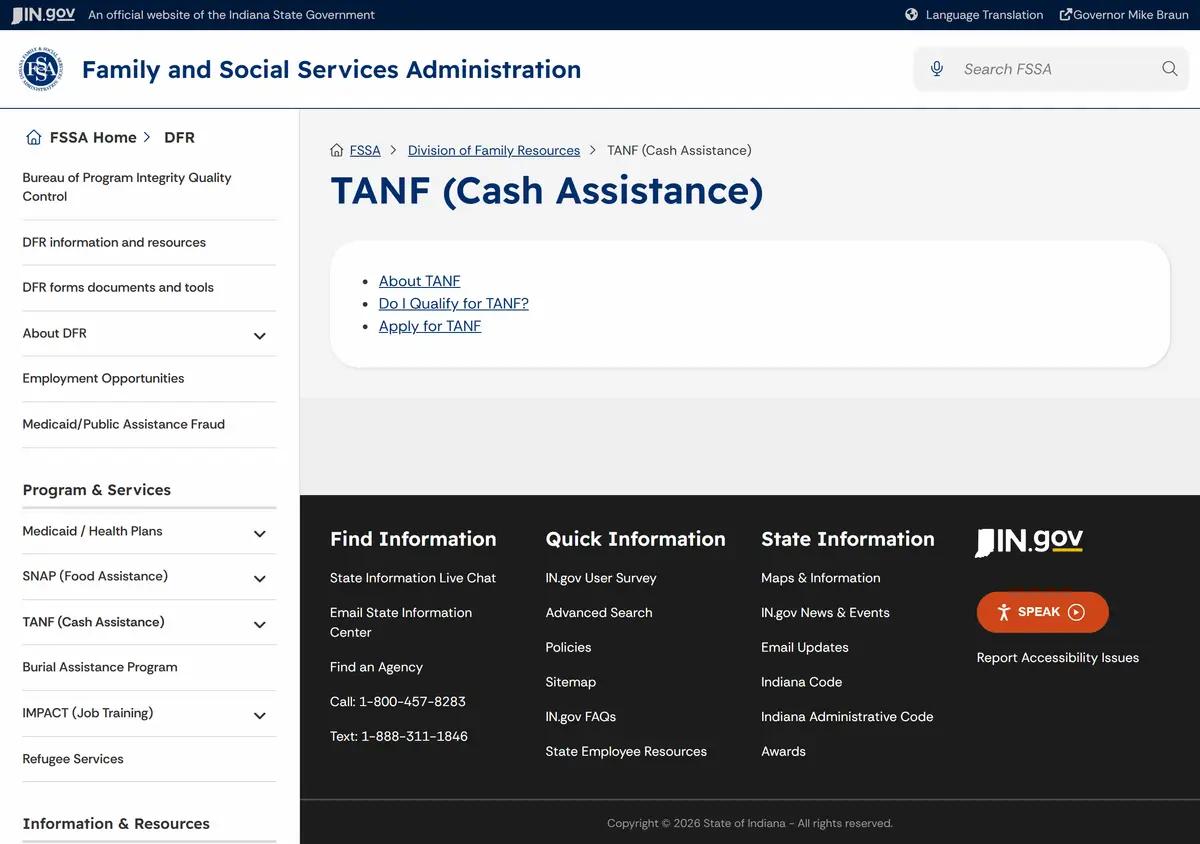 The Indiana FSSA TANF cash assistance page.
