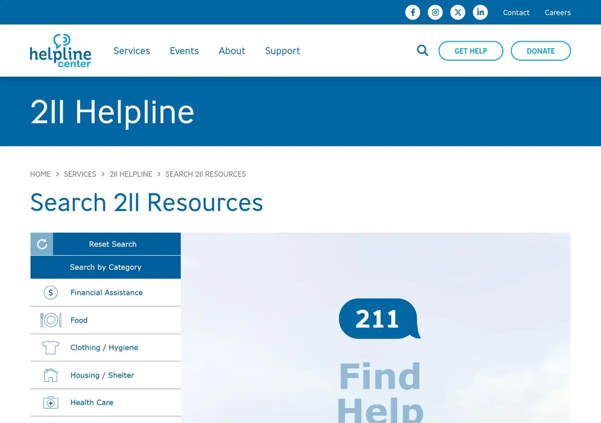 The Helpline Center 211 resource search page.