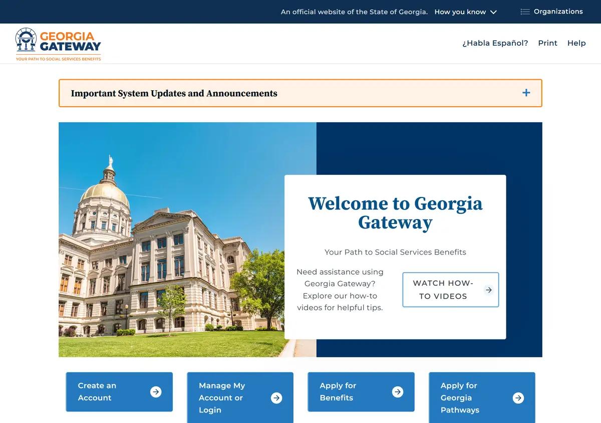 The Georgia Gateway portal where families apply for PeachCare for Kids.