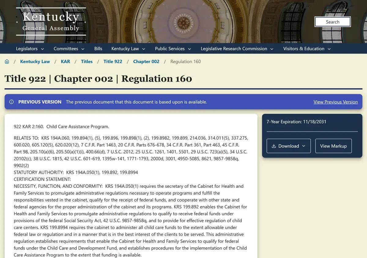 Kentucky regulation 922 KAR 2:160 governing child care assistance.