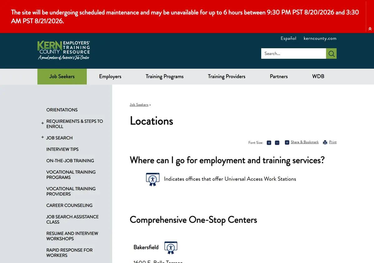 The America's Job Center of Kern locations page.