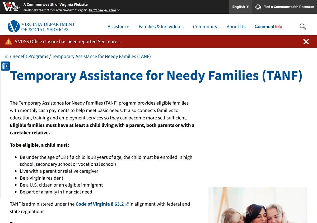 The Virginia DSS TANF overview page with eligibility rules.