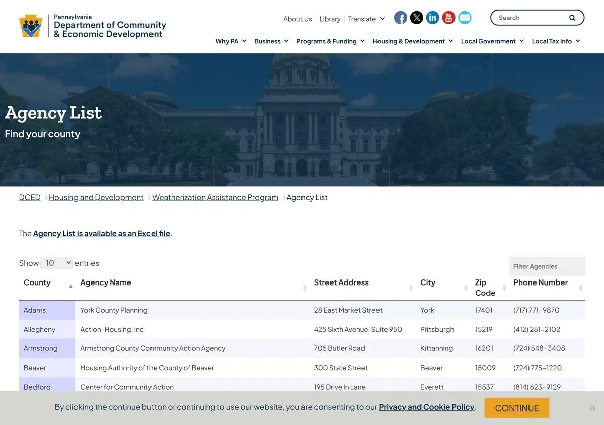 DCED's county-by-county weatherization agency list.