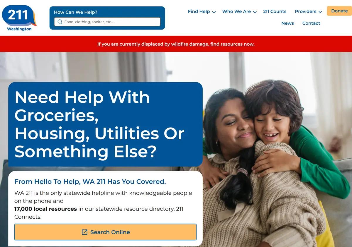 The WA 211 homepage with phone, text, and search options.