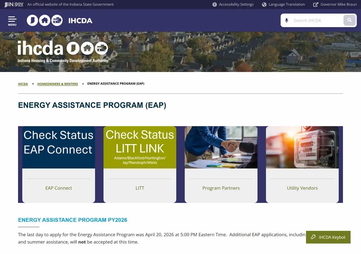 The Indiana IHCDA energy assistance program page.