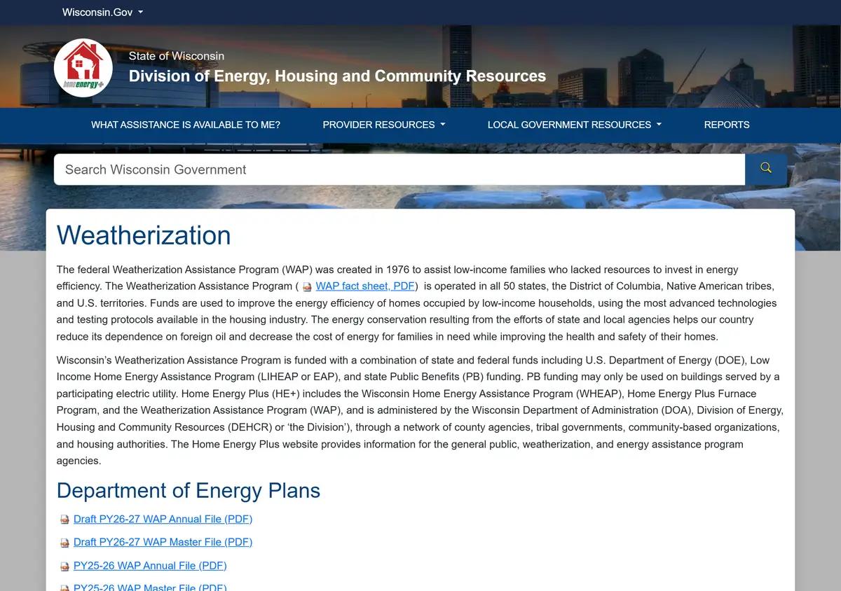 The Wisconsin Home Energy Plus weatherization page.