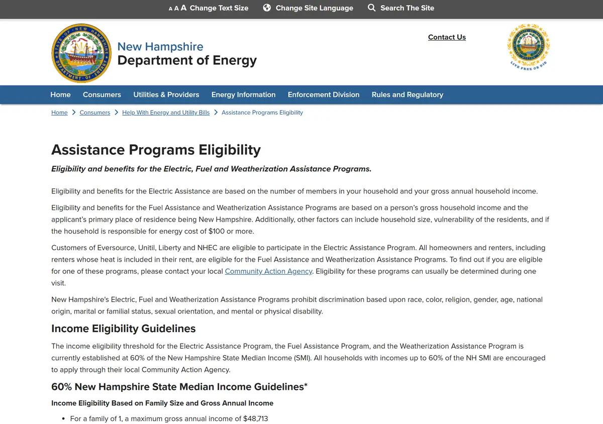 The New Hampshire energy assistance income eligibility page.