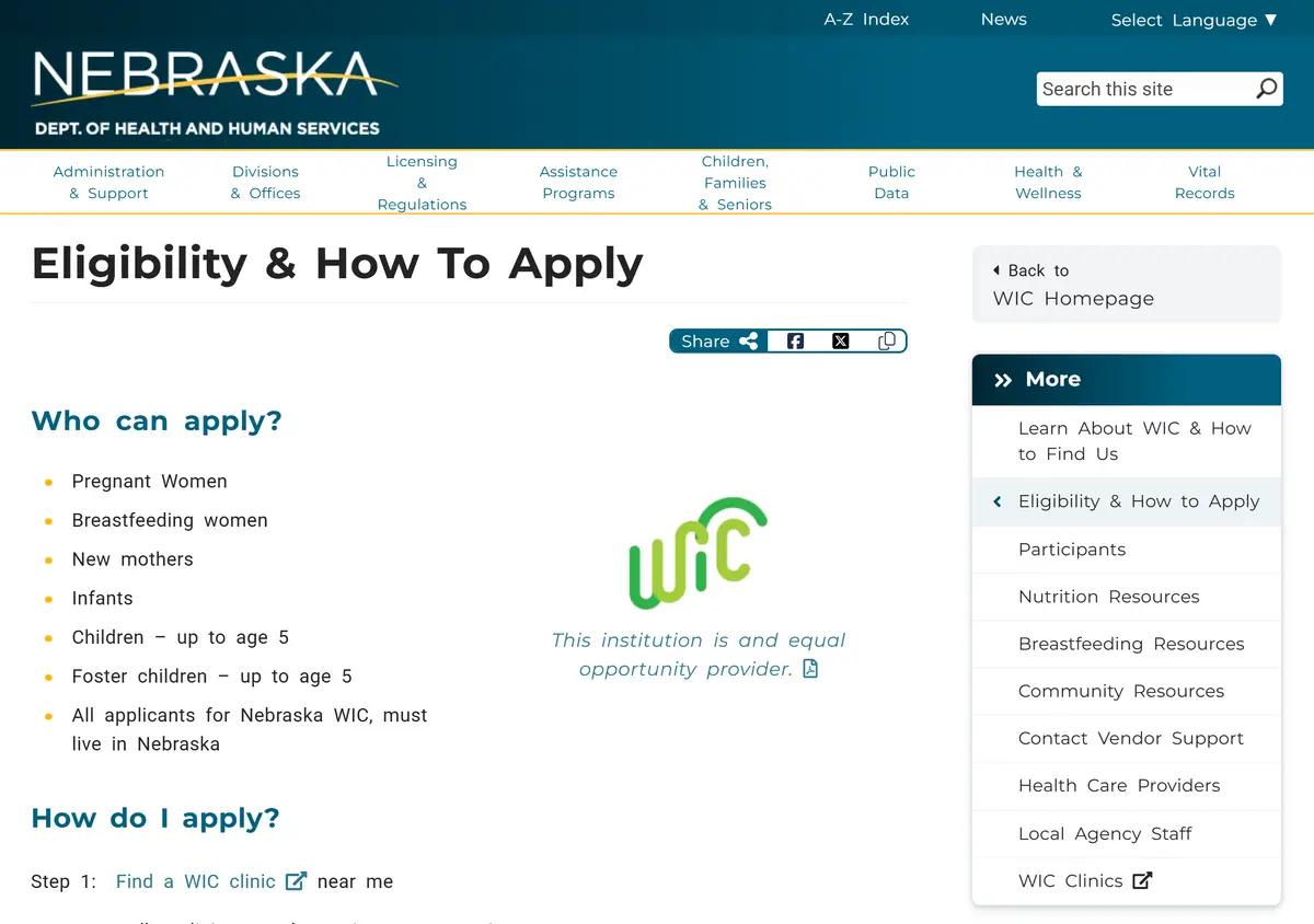 The Nebraska DHHS WIC eligibility and how-to-apply page.