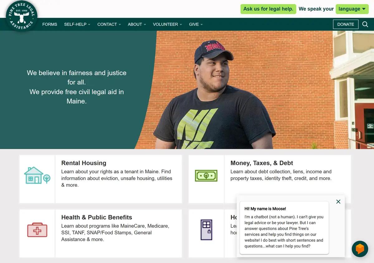 The Pine Tree Legal Assistance homepage.